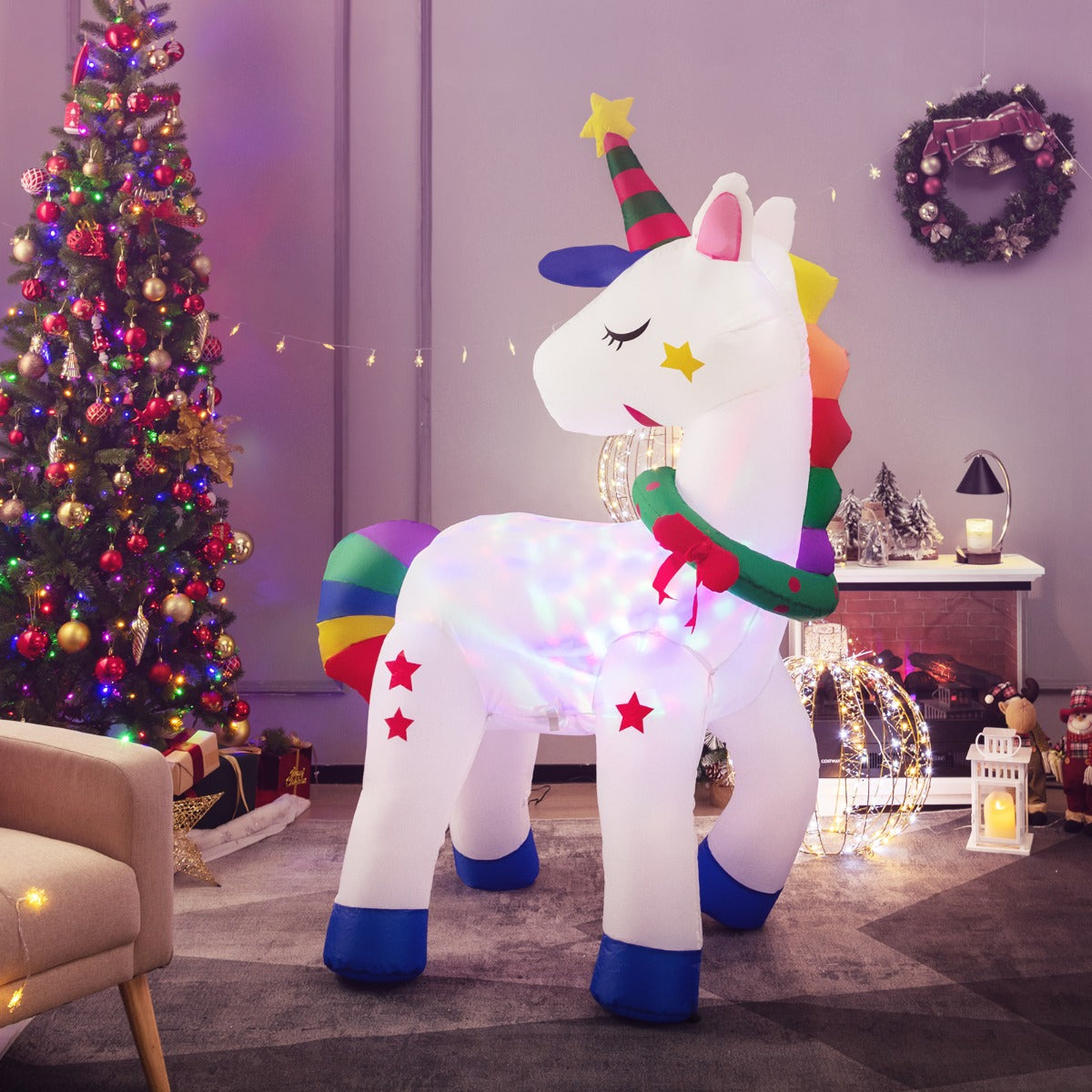 182CM Christmas Magic Unicorn with Rainbow Tails & Christmas Wreath-4