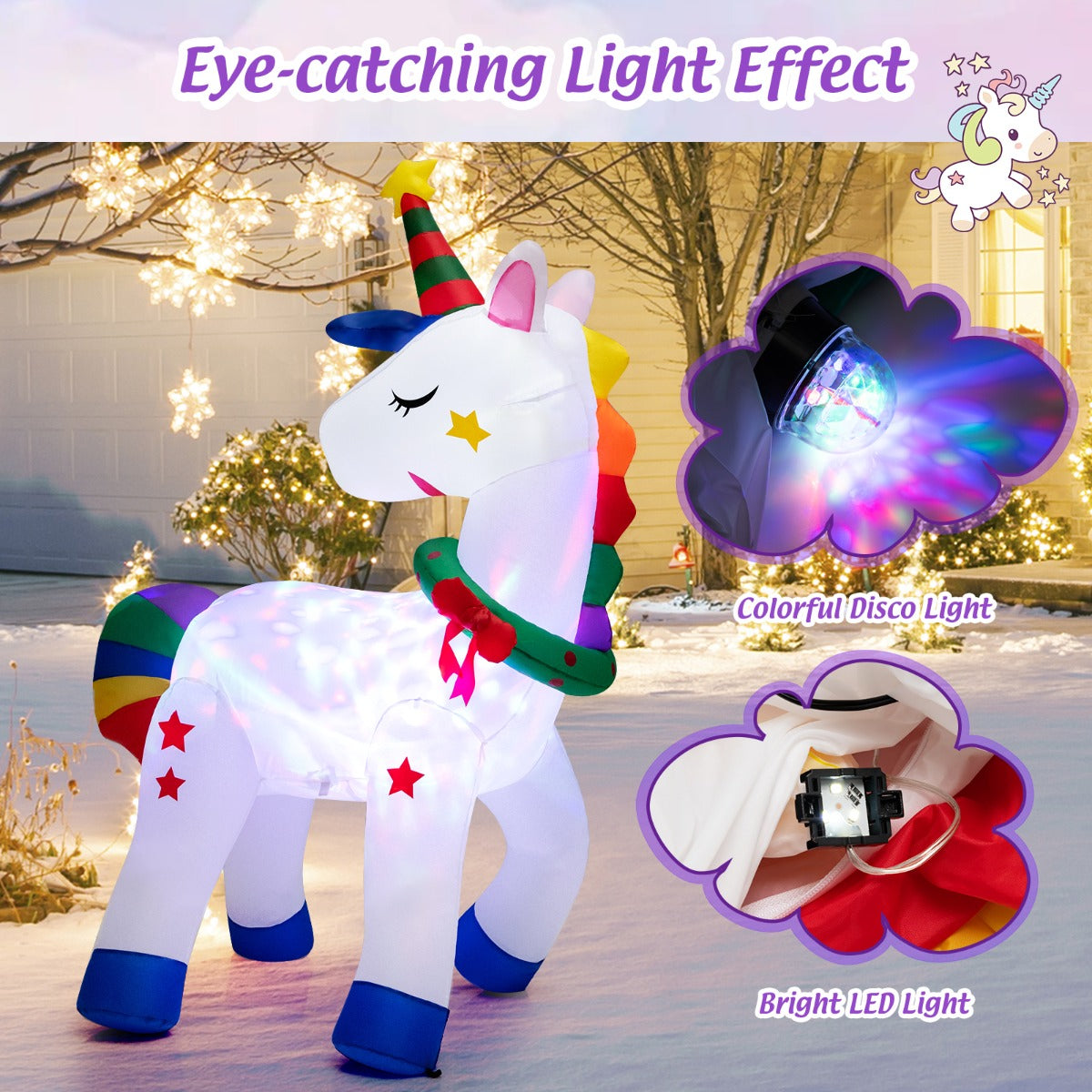 182CM Christmas Magic Unicorn with Rainbow Tails & Christmas Wreath-2